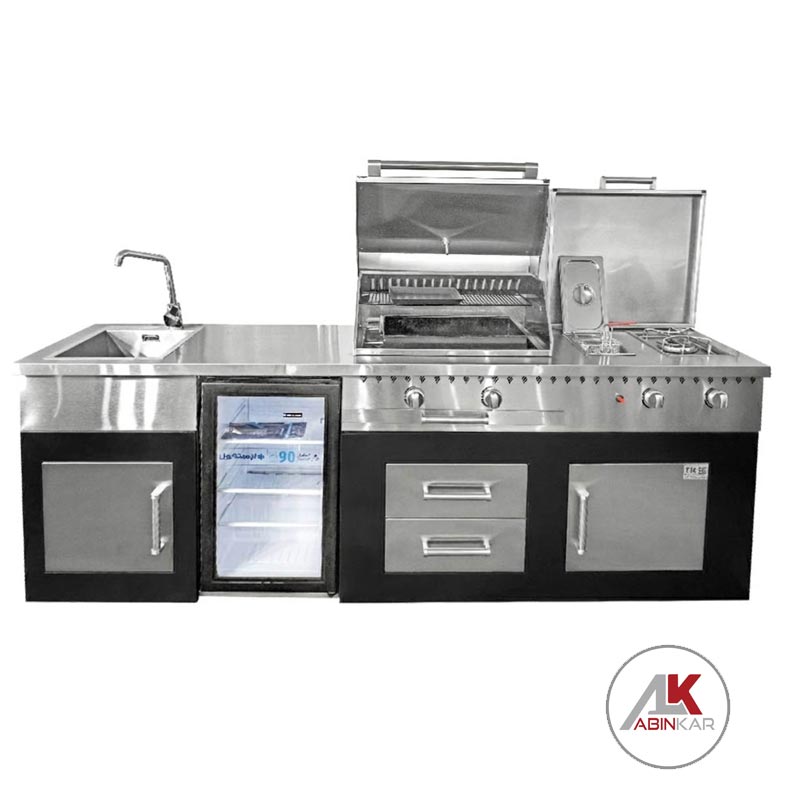 242 cm barbecue with a steel top, a steel front cabin, a flame, a fryer, and a refrigerator space, width 60