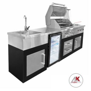 242 cm barbecue with a steel top, a steel front cabin, a flame, a fryer, and a refrigerator space, width 60