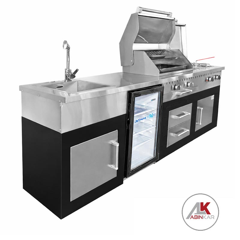 242 cm barbecue with a steel top, a steel front cabin, a flame, a fryer, and a refrigerator space, width 60